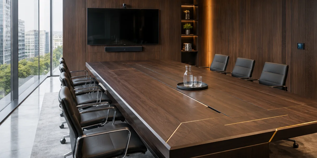 Render de sala de reuniones con mesa de madera oscura a medida