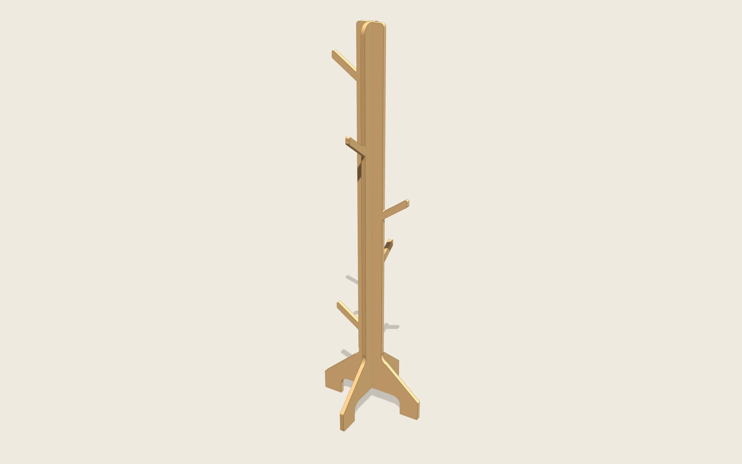 Perchero árbol en 3D: 1750 mm de alto · base en cruz de 500 mm · 6 ramas