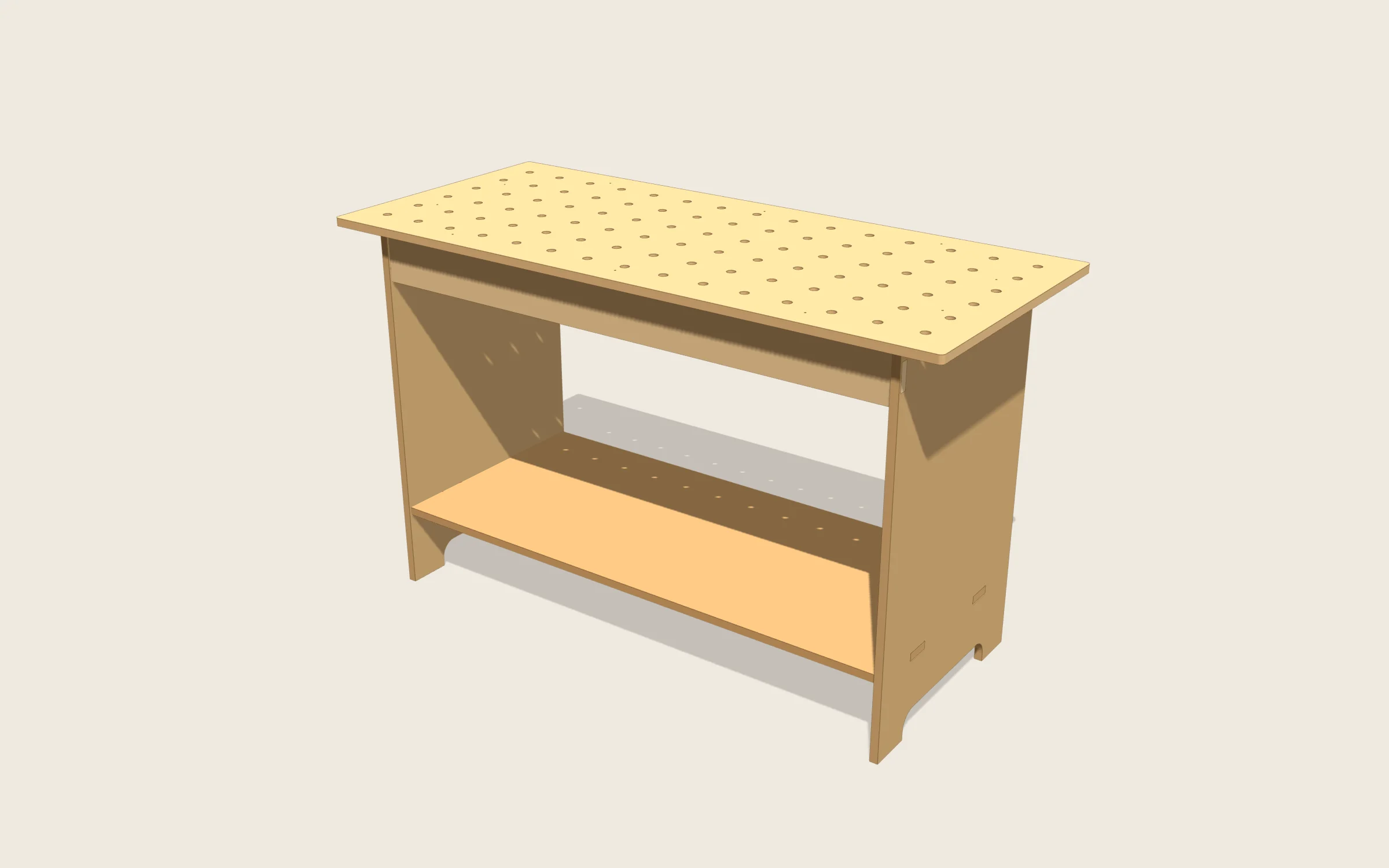 Banco de trabajo en 3D: 1500 × 650 × 900 mm · 1264 mm entre patas · 90 agujeros de 20 mm cada 96 mm