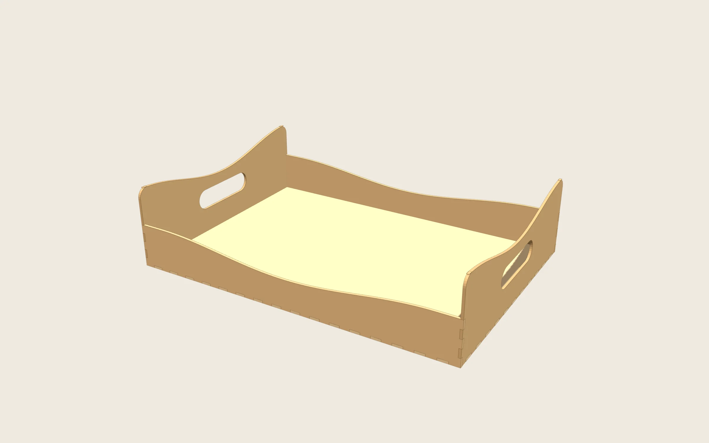 Bandeja con asas en 3D: Exterior 406 × 286 mm · laterales de 53 mm (37 en el centro) y testeros de 98 mm con asa de 95 × 26 mm · interior 400 × 280 mm