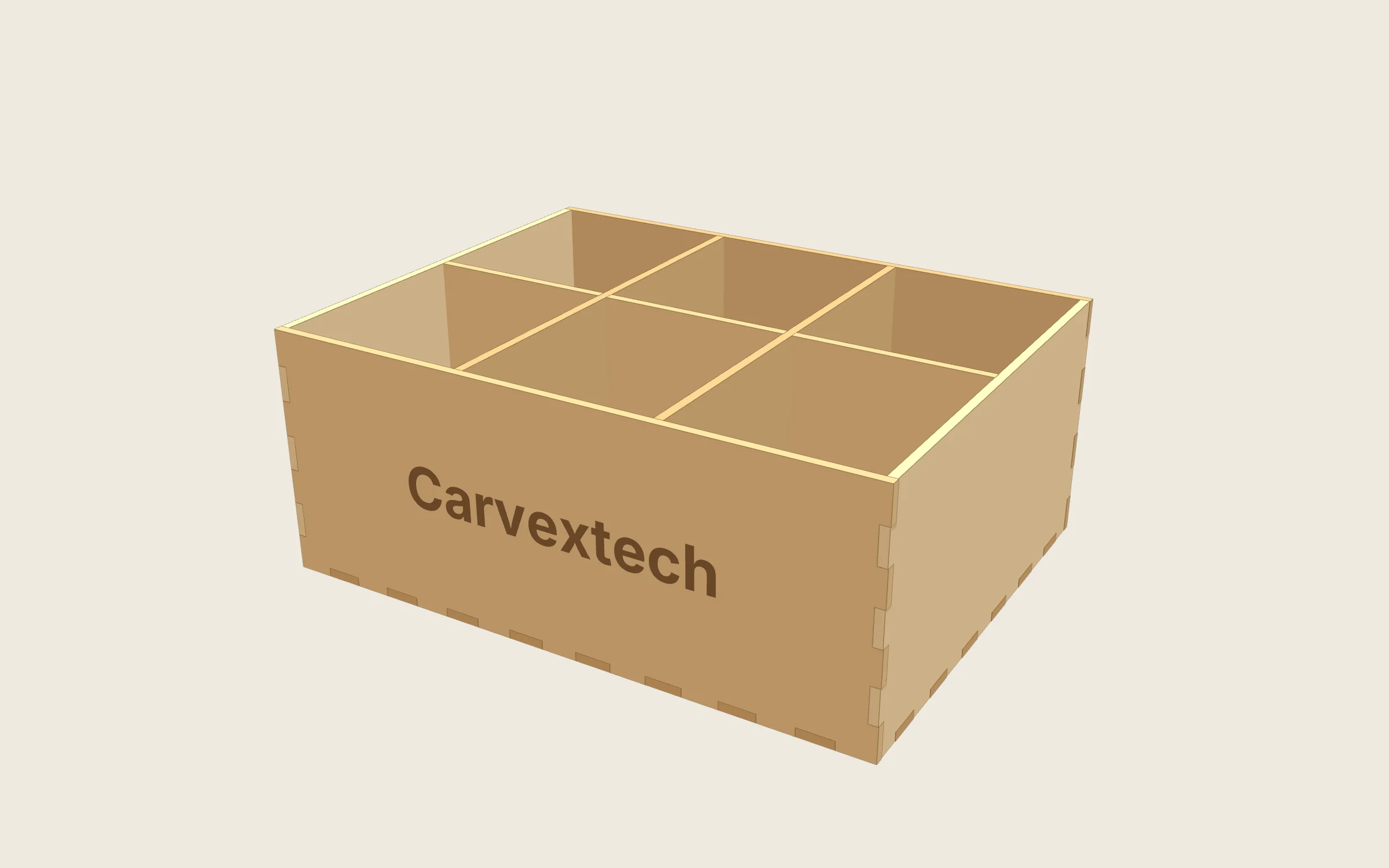 Caja organizadora en 3D: Exterior 206 × 156 × 83 mm · interior 200 × 150 × 80 mm · 6 compartimentos