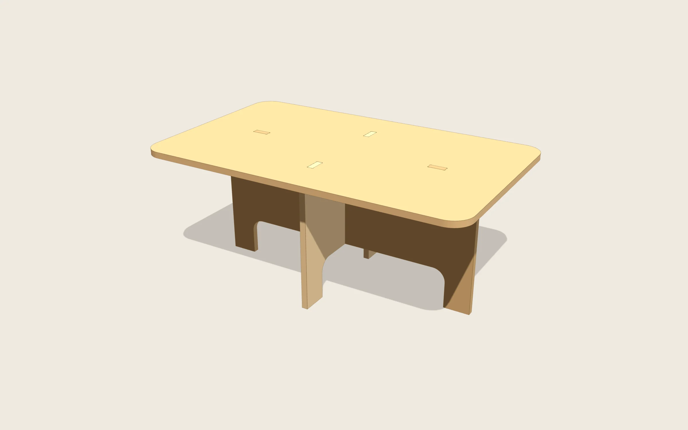 Mesa de centro en 3D: 1000 × 600 × 420 mm · patas en cruz de 840 y 440 mm