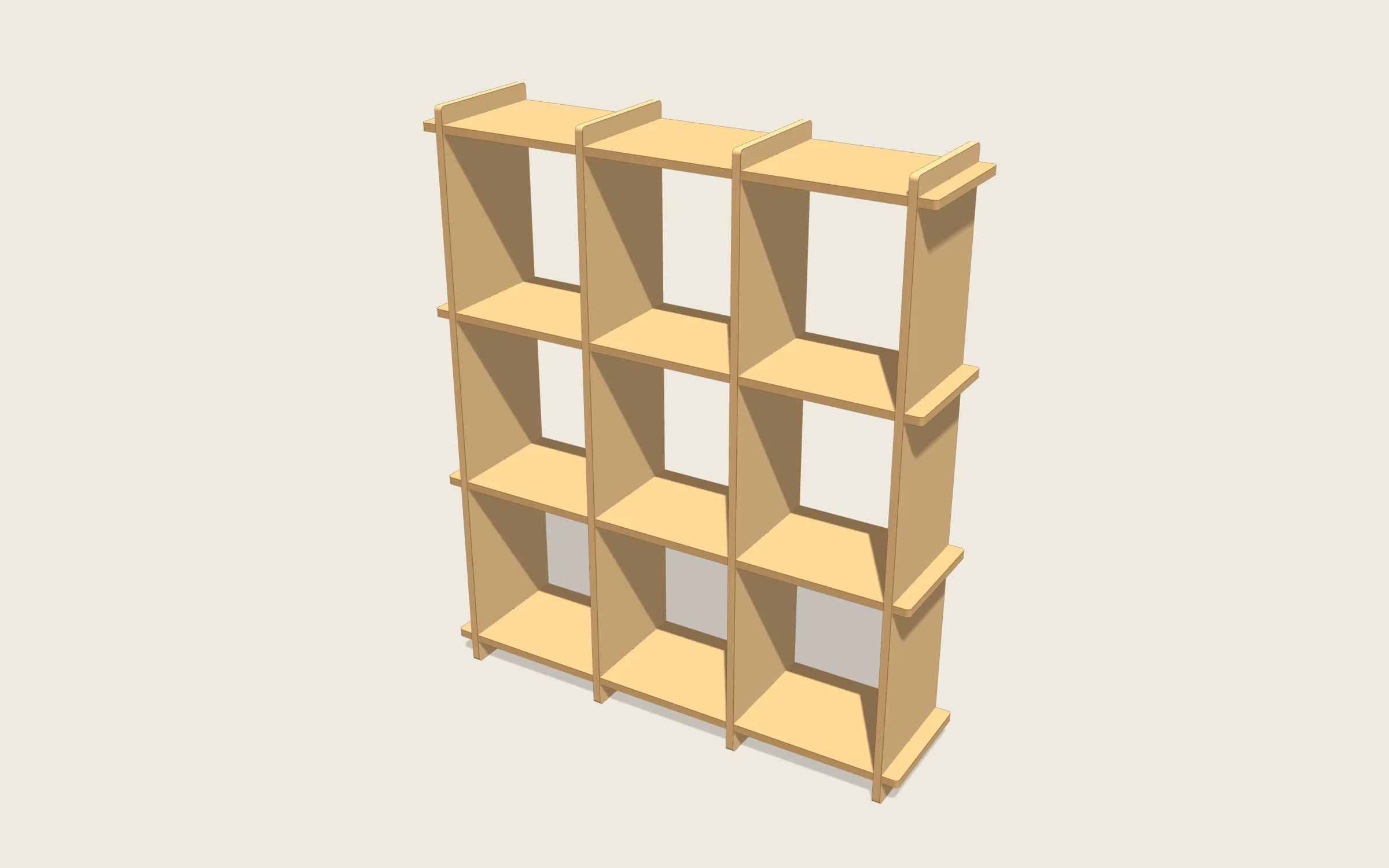 Estantería modular en 3D: 1200 × 1400 × 300 mm · 3 módulos · 4 baldas · huecos de 349,3 × 409,3 mm