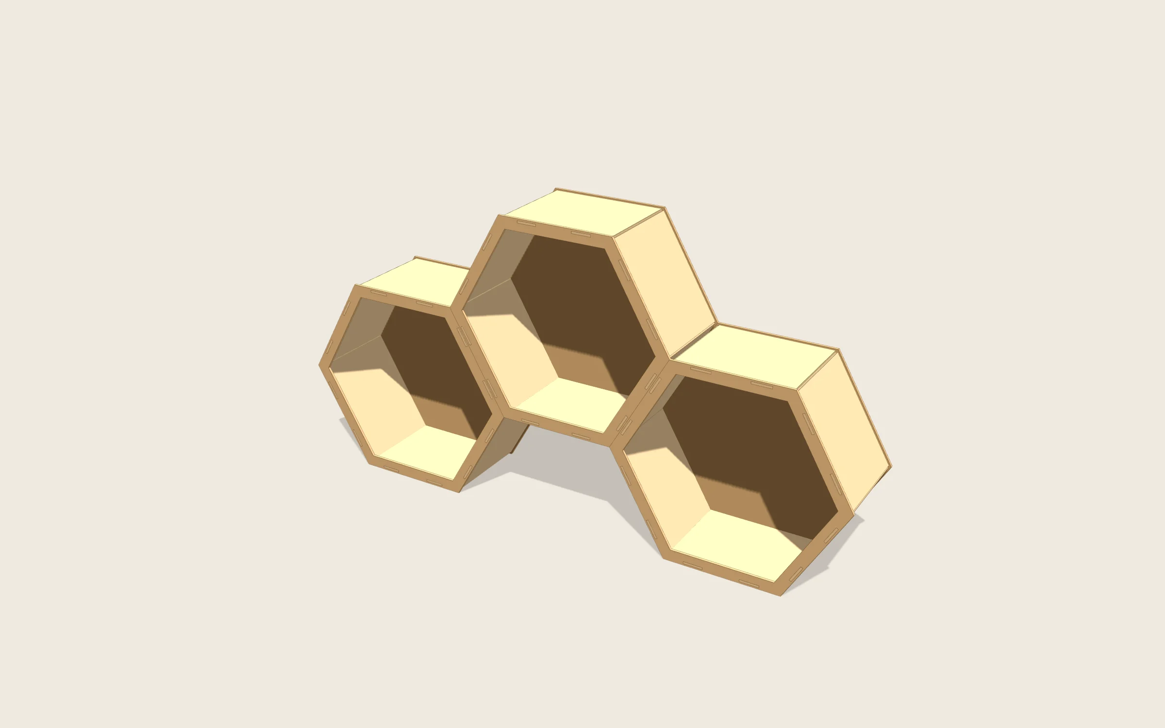 Estantería hexagonal en 3D: 3 módulos de 300 × 259,8 mm y 126 mm de fondo · hueco útil de 288,5 mm de punta a punta