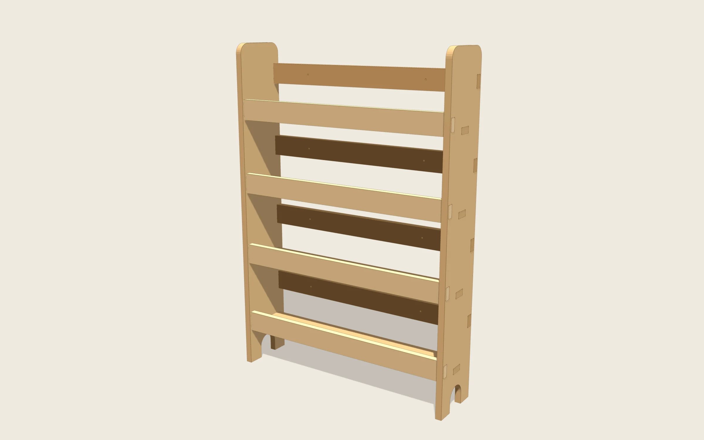 Librería Montessori en 3D: 700 × 170 × 1000 mm · 4 niveles con 204,5 mm de hueco · 124 mm de fondo para los cuentos