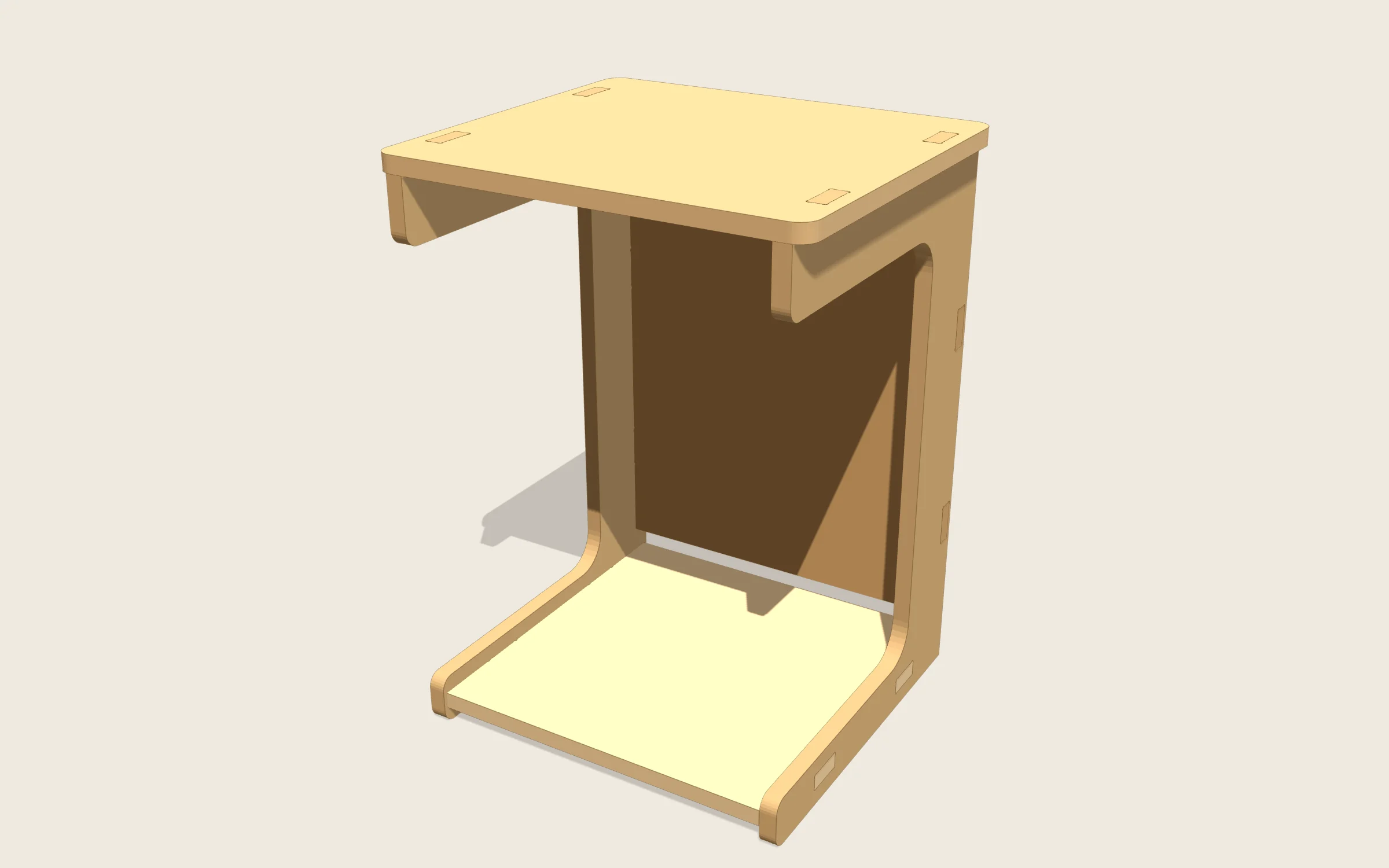Mesa en C en 3D: 450 × 400 × 620 mm · hueco de la C de 300 × 477 mm · base de 55 mm