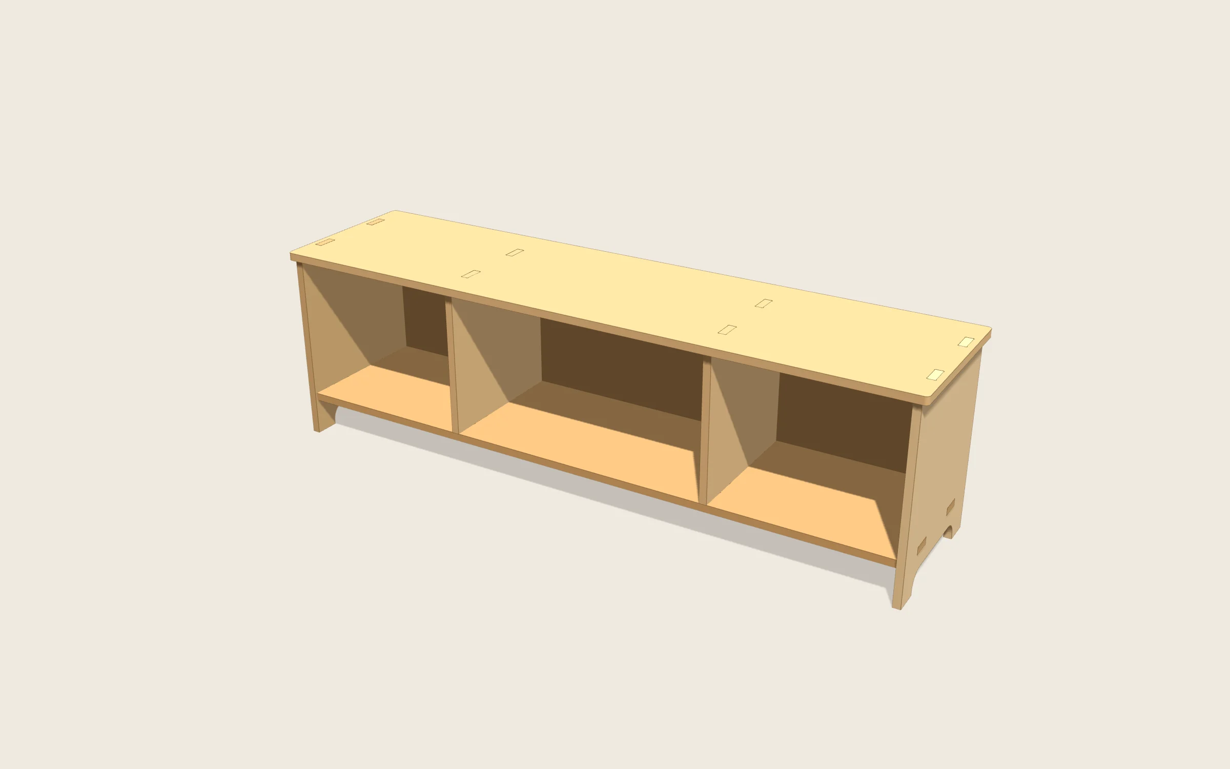 Mueble TV en 3D: 1600 × 400 × 480 mm · 3 huecos (642 mm el central y 428 los demás) de 354 mm de alto · trasera de 4 mm en ranura