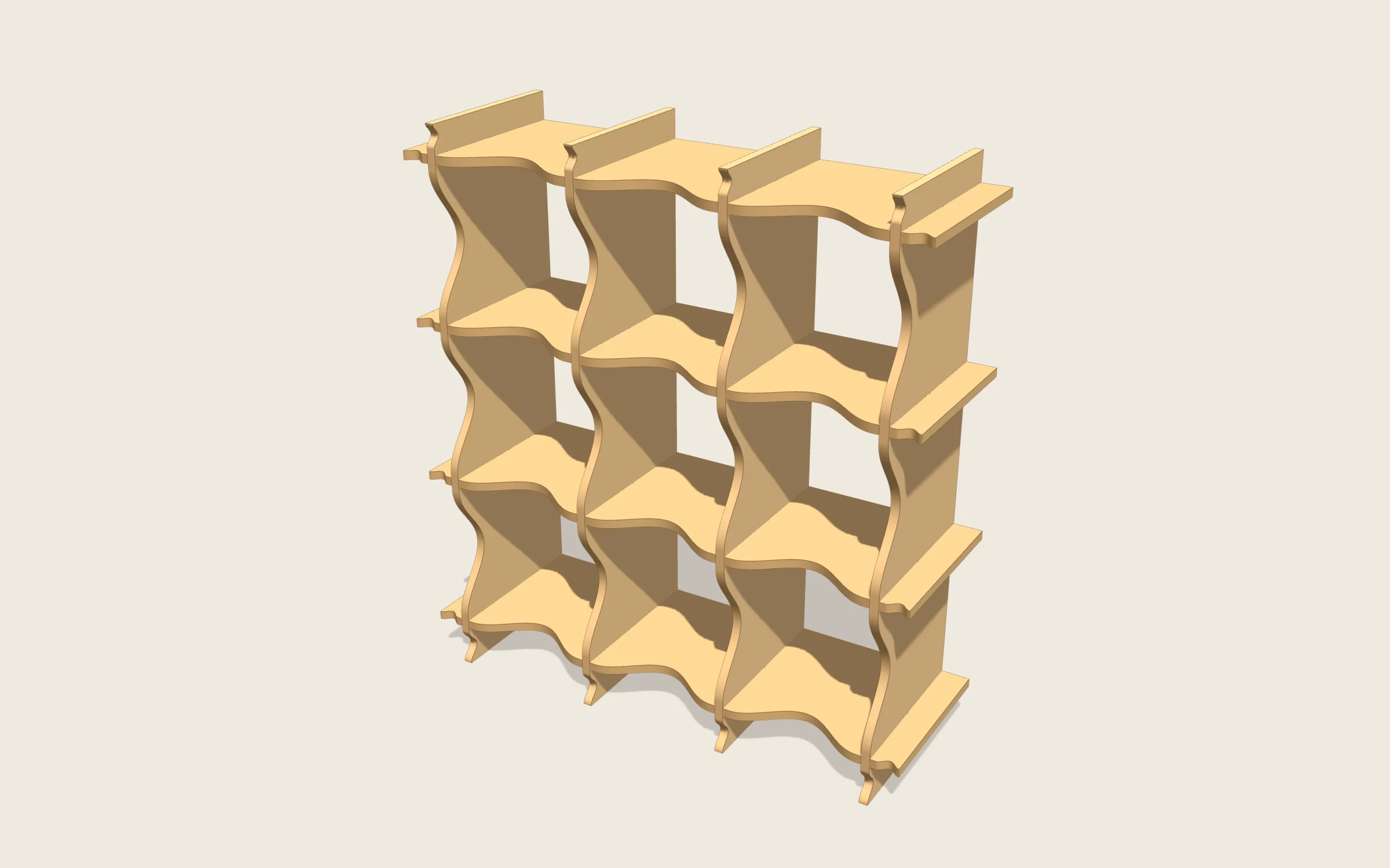 Estantería ondulada en 3D: 1100 × 1200 × 350 mm · 3 módulos · 4 baldas · ola de 70 mm
