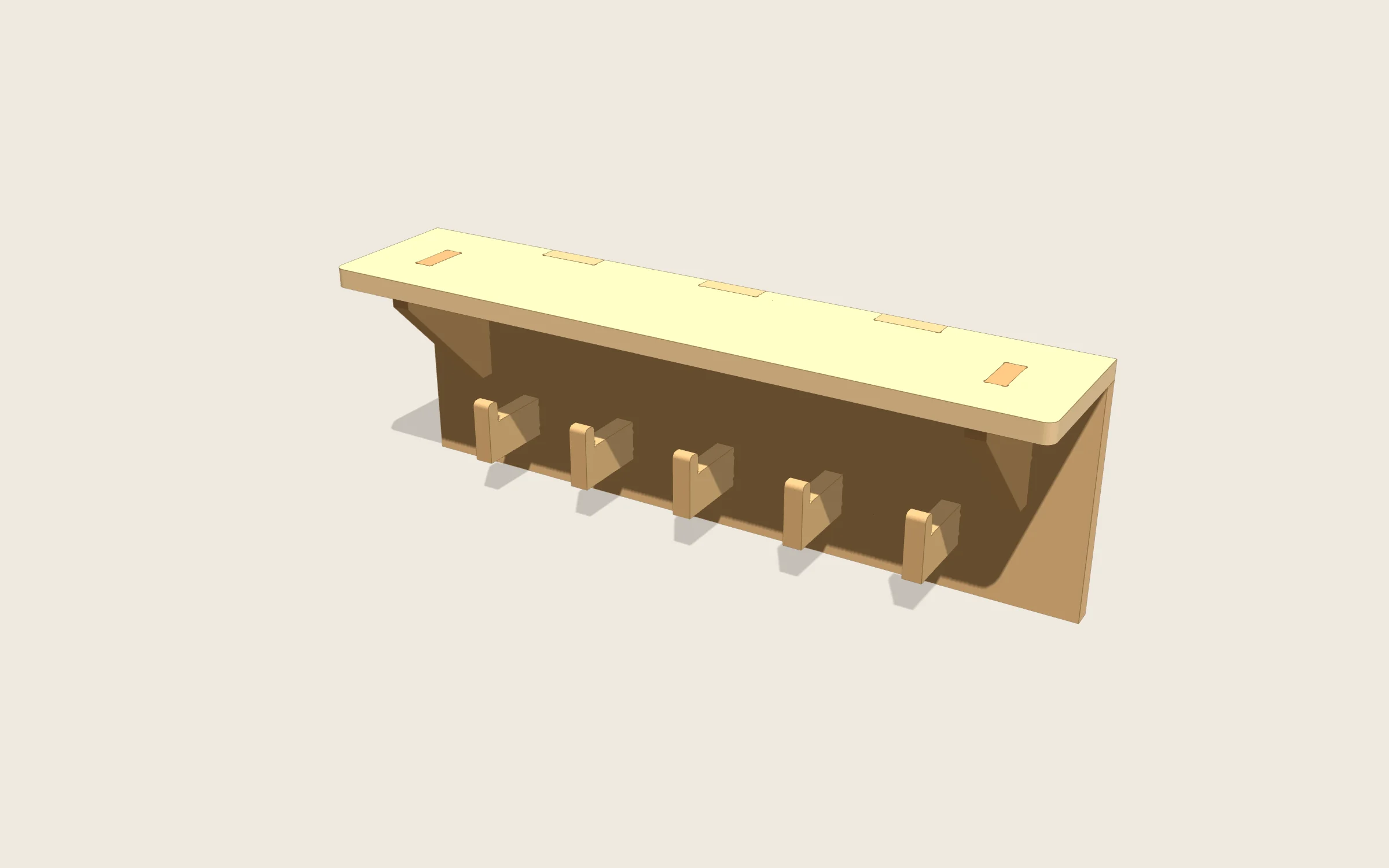 Perchero de pared en 3D: 700 × 238 mm · 5 colgadores de 80 mm · balda de 150 mm de fondo