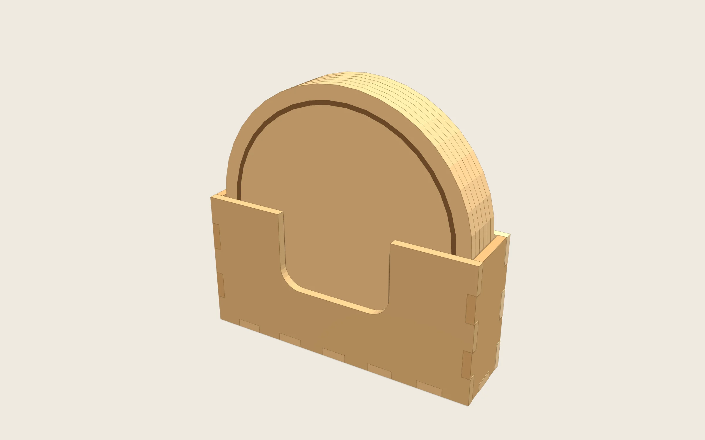 Posavasos en 3D: 6 posavasos redondos de Ø 95 mm · cajita de 103 × 26 × 51 mm
