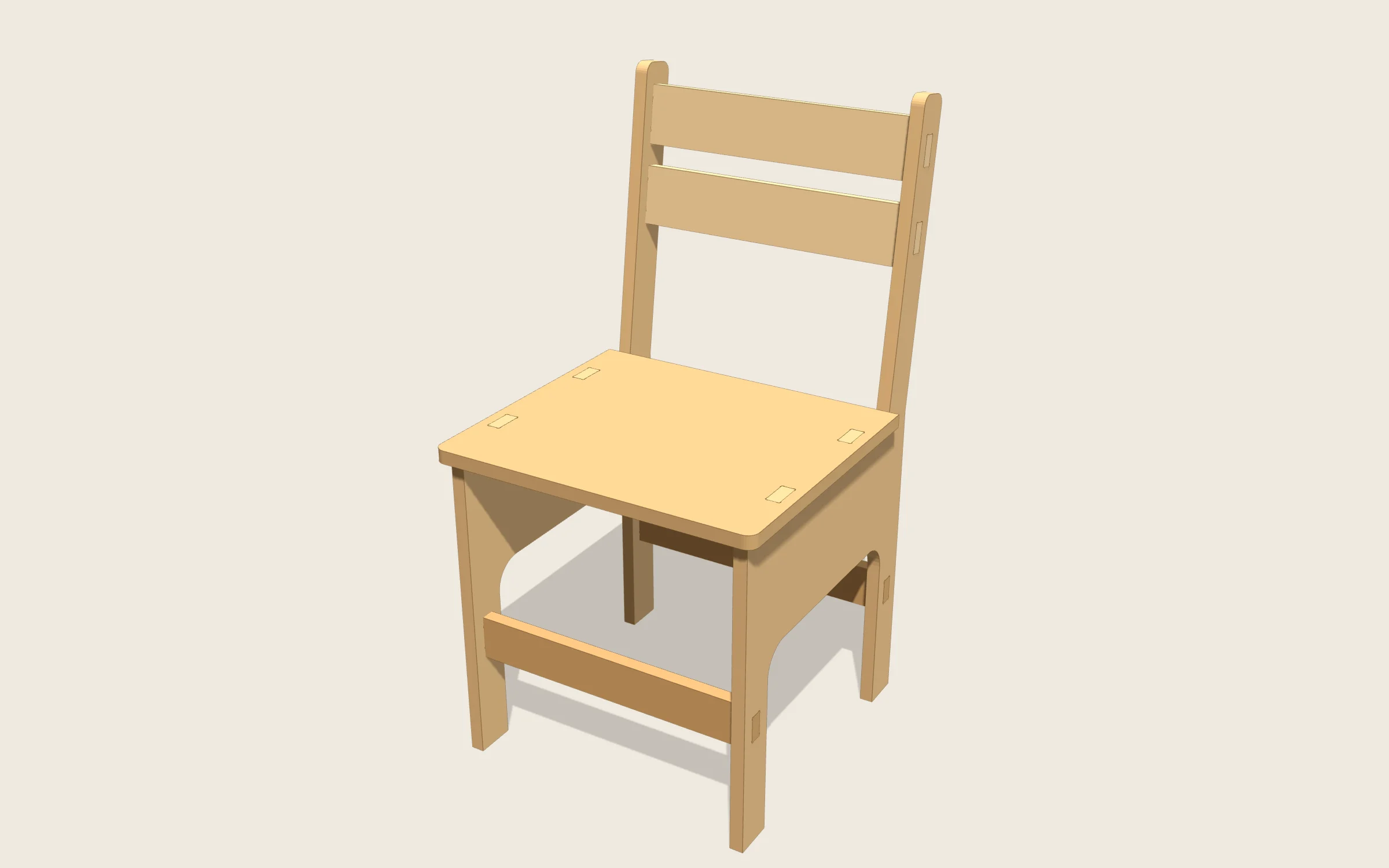 Silla en 3D: 450 × 487,7 × 850 mm · asiento a 450 mm · respaldo inclinado 8° con 2 lamas