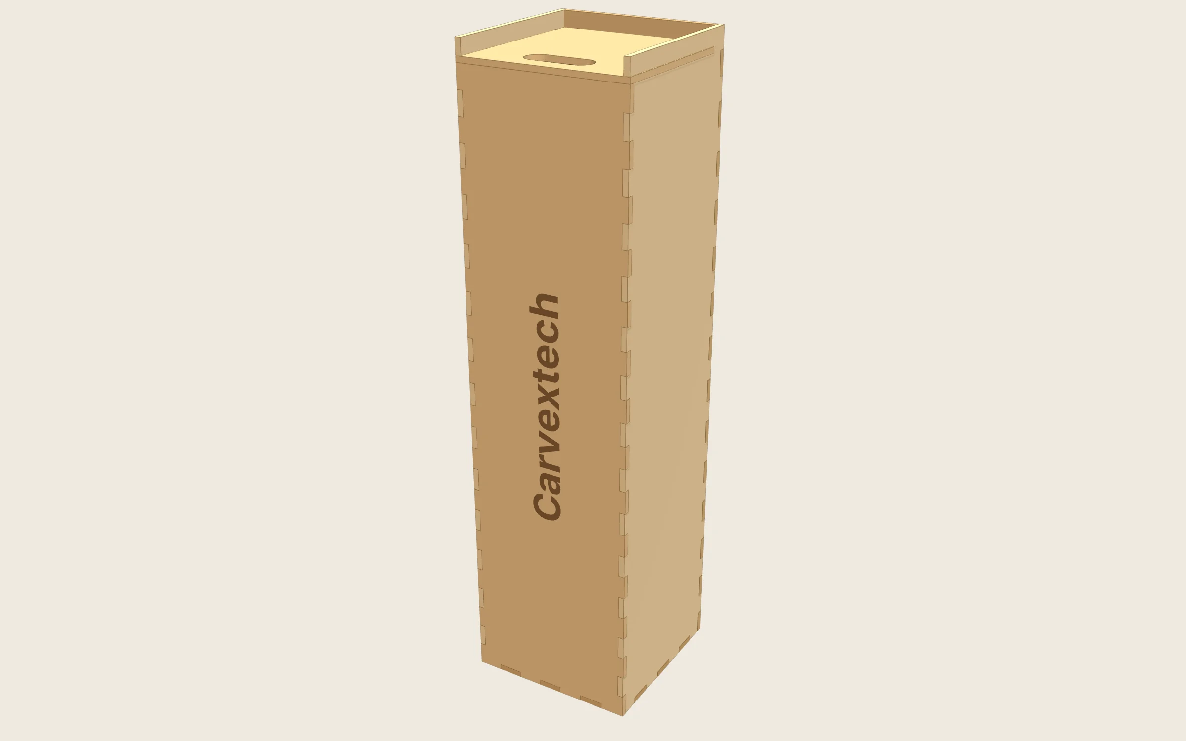 Caja de vino en 3D: Exterior 90 × 90 × 342,3 mm · 1 botella de hasta Ø 80 × 320 mm · tapa corredera